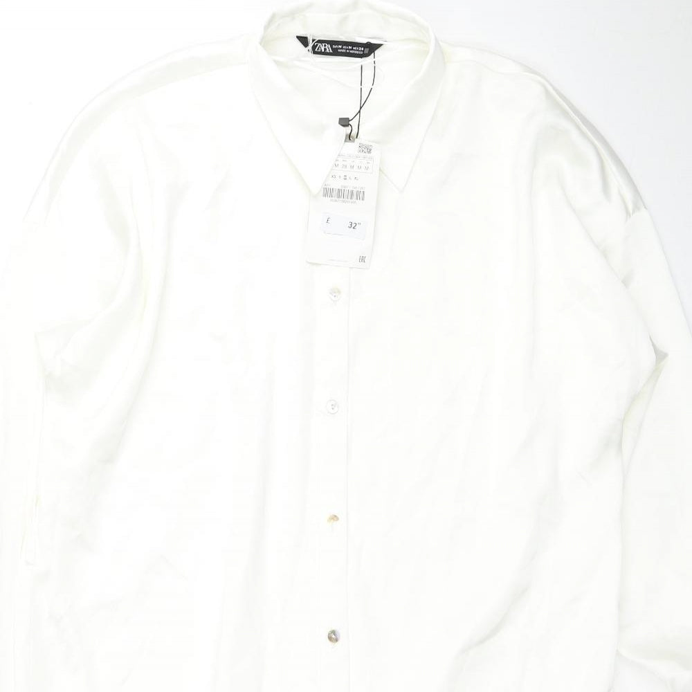 Zara Womens White Polyester Shirt Dress Size M Collared Button