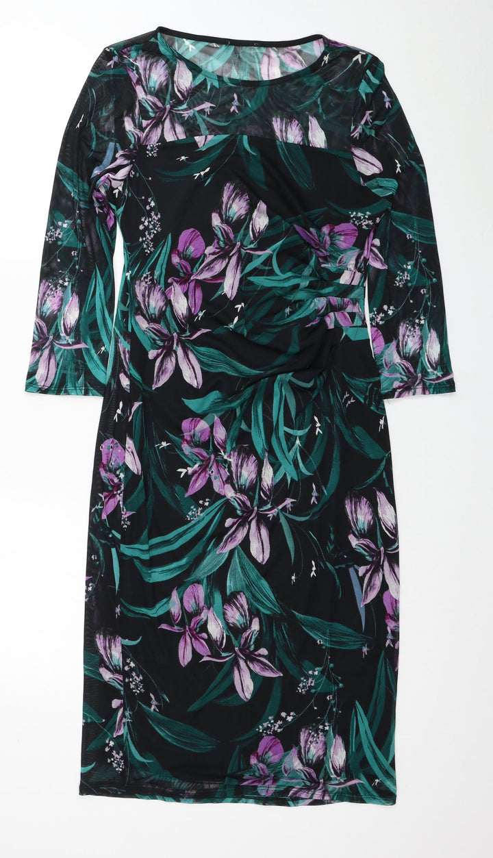 M&Co Womens Black Floral Polyester Pencil Dress Size 8 Scoop Neck Pullover