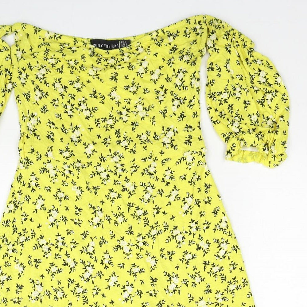 PRETTYLITTLETHING Womens Yellow Floral Viscose Mini Size 6 Off the Shoulder Pullover - Cold Shoulder