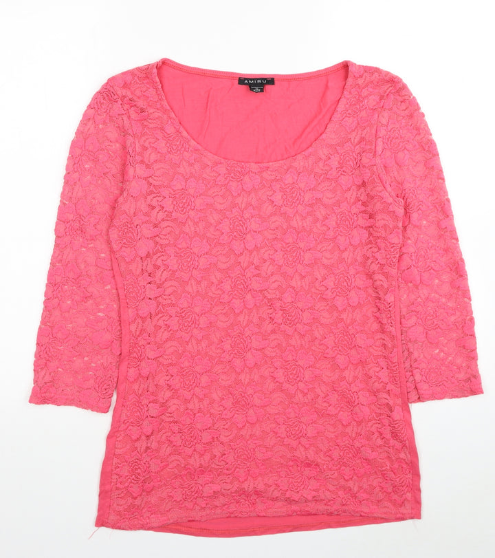 Amisu Womens Pink Floral Viscose Basic Blouse Size XL Scoop Neck