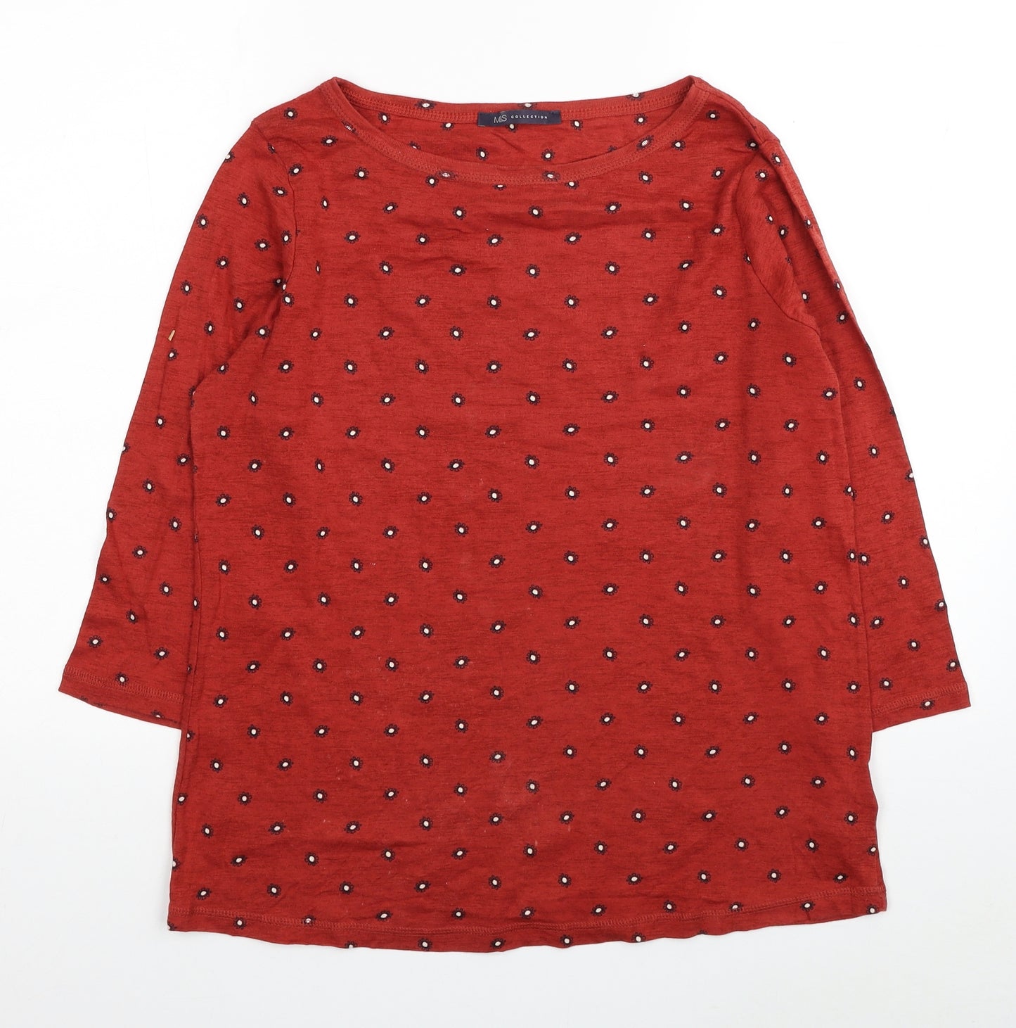 Marks and Spencer Womens Red Geometric Cotton Basic T-Shirt Size 18 Boat Neck