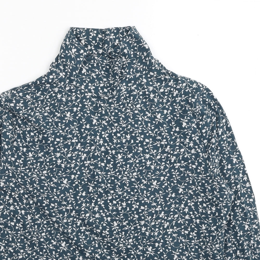 Marks and Spencer Womens Blue Floral Cotton Basic Blouse Size 14 High Neck