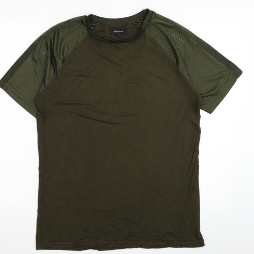 River Island Mens Green Cotton T-Shirt Size L Round Neck - Hole Detail Shoulders