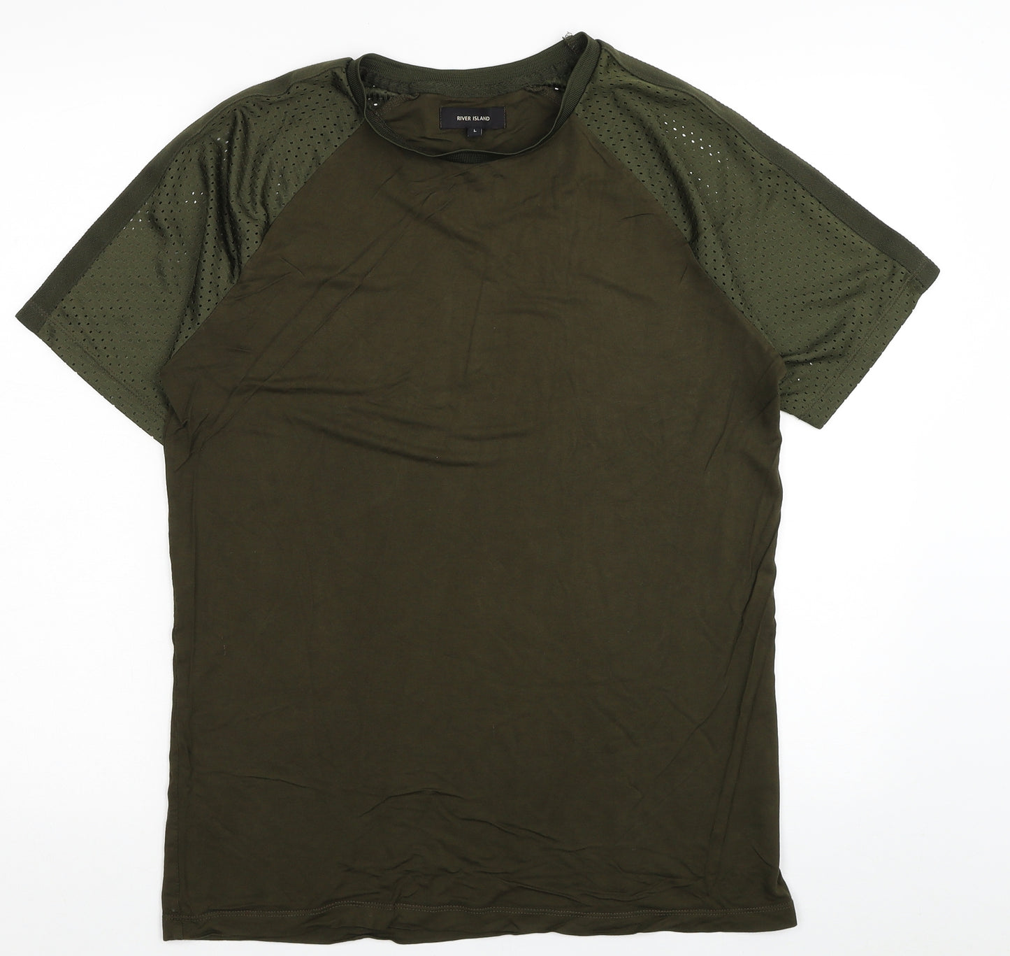 River Island Mens Green Cotton T-Shirt Size L Round Neck - Hole Detail Shoulders