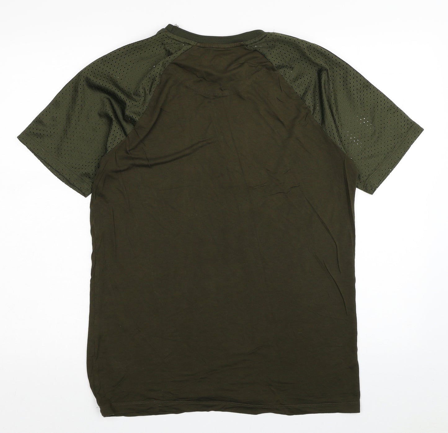 River Island Mens Green Cotton T-Shirt Size L Round Neck - Hole Detail Shoulders