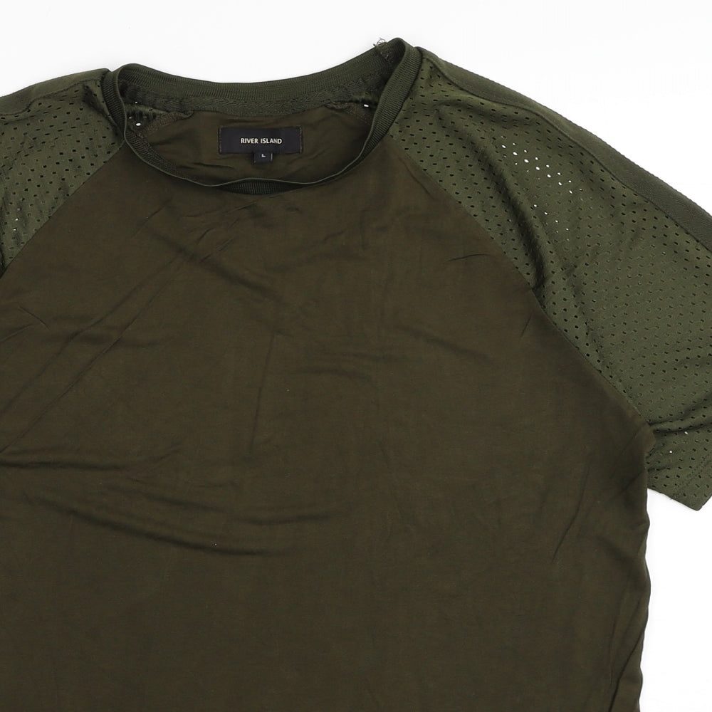River Island Mens Green Cotton T-Shirt Size L Round Neck - Hole Detail Shoulders
