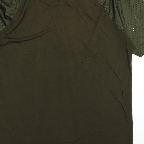 River Island Mens Green Cotton T-Shirt Size L Round Neck - Hole Detail Shoulders