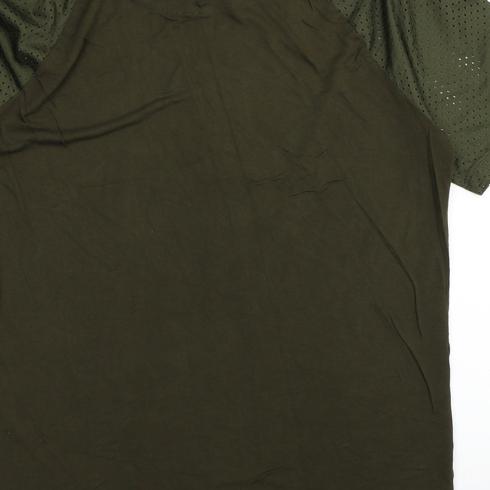 River Island Mens Green Cotton T-Shirt Size L Round Neck - Hole Detail Shoulders