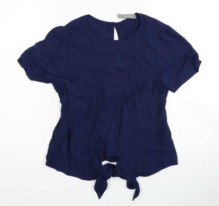 Oasis Womens Blue Viscose Basic T-Shirt Size 8 Scoop Neck - Knot detail
