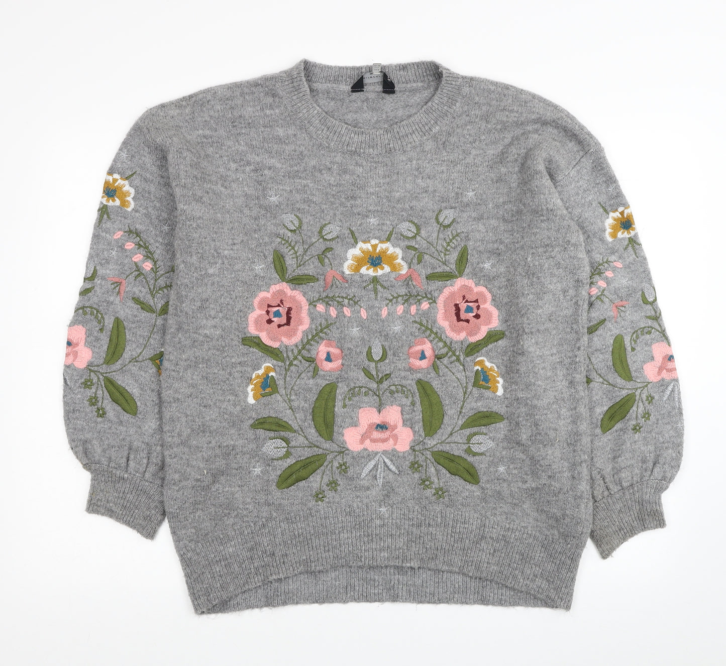 F&F Womens Grey Round Neck Floral Acrylic Pullover Jumper Size 10