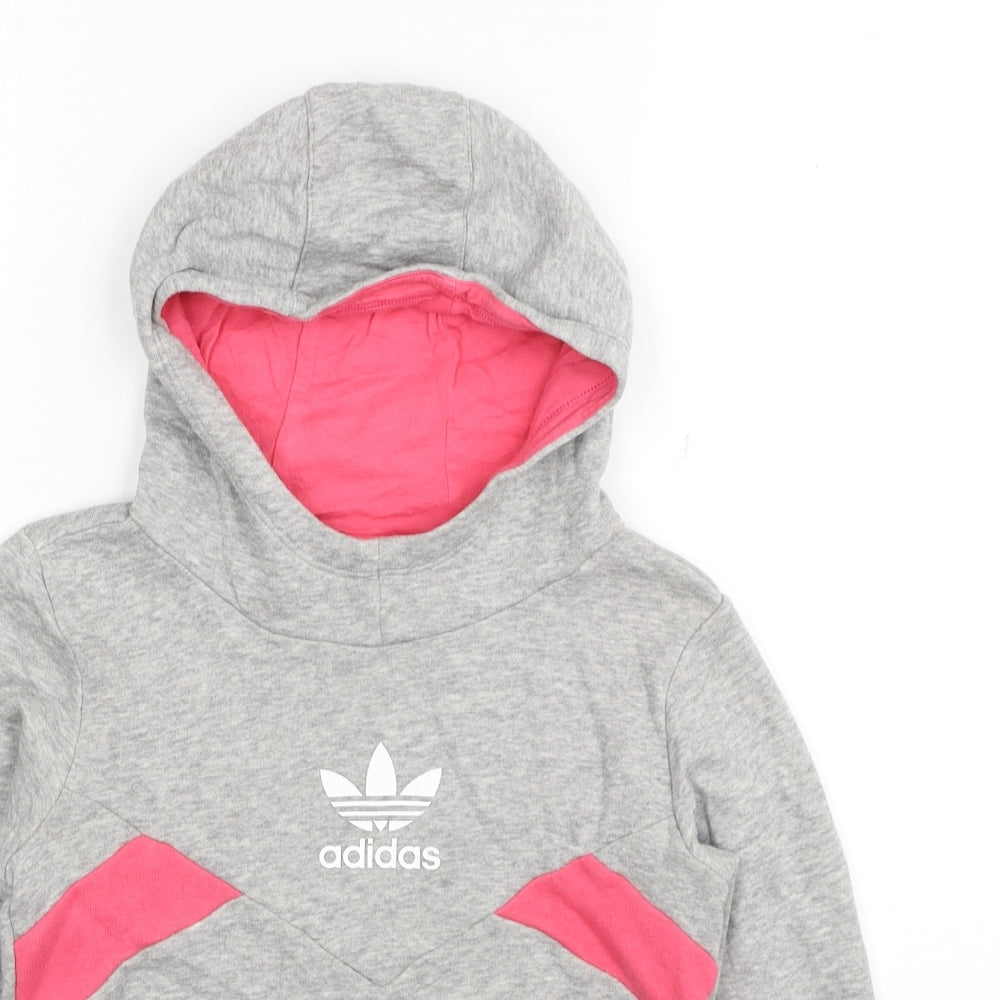 adidas Girls Grey Cotton Pullover Hoodie Size 7-8 Years Pullover