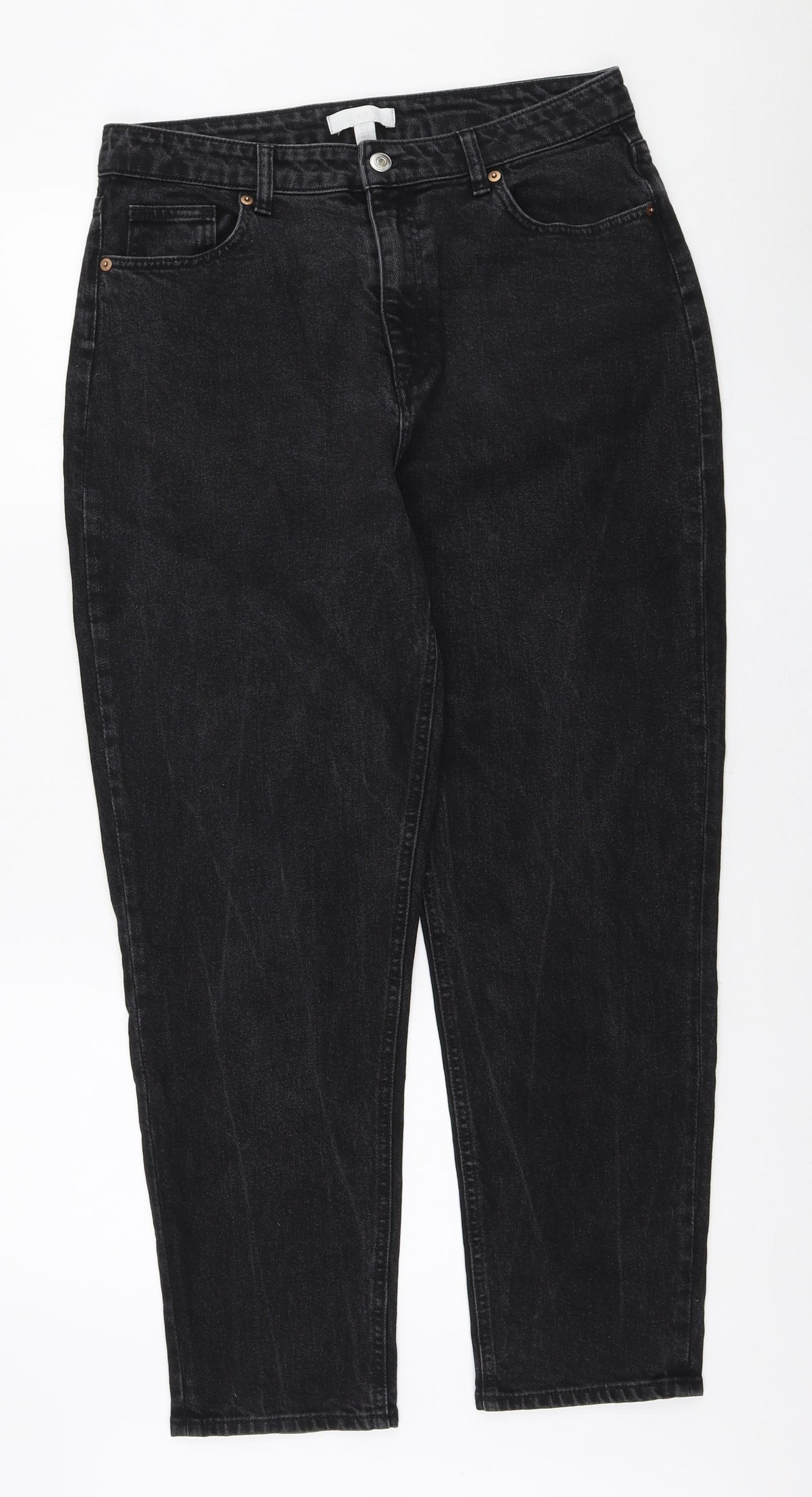 H&M Womens Black Cotton Mom Jeans Size 14 L26 in Regular Zip