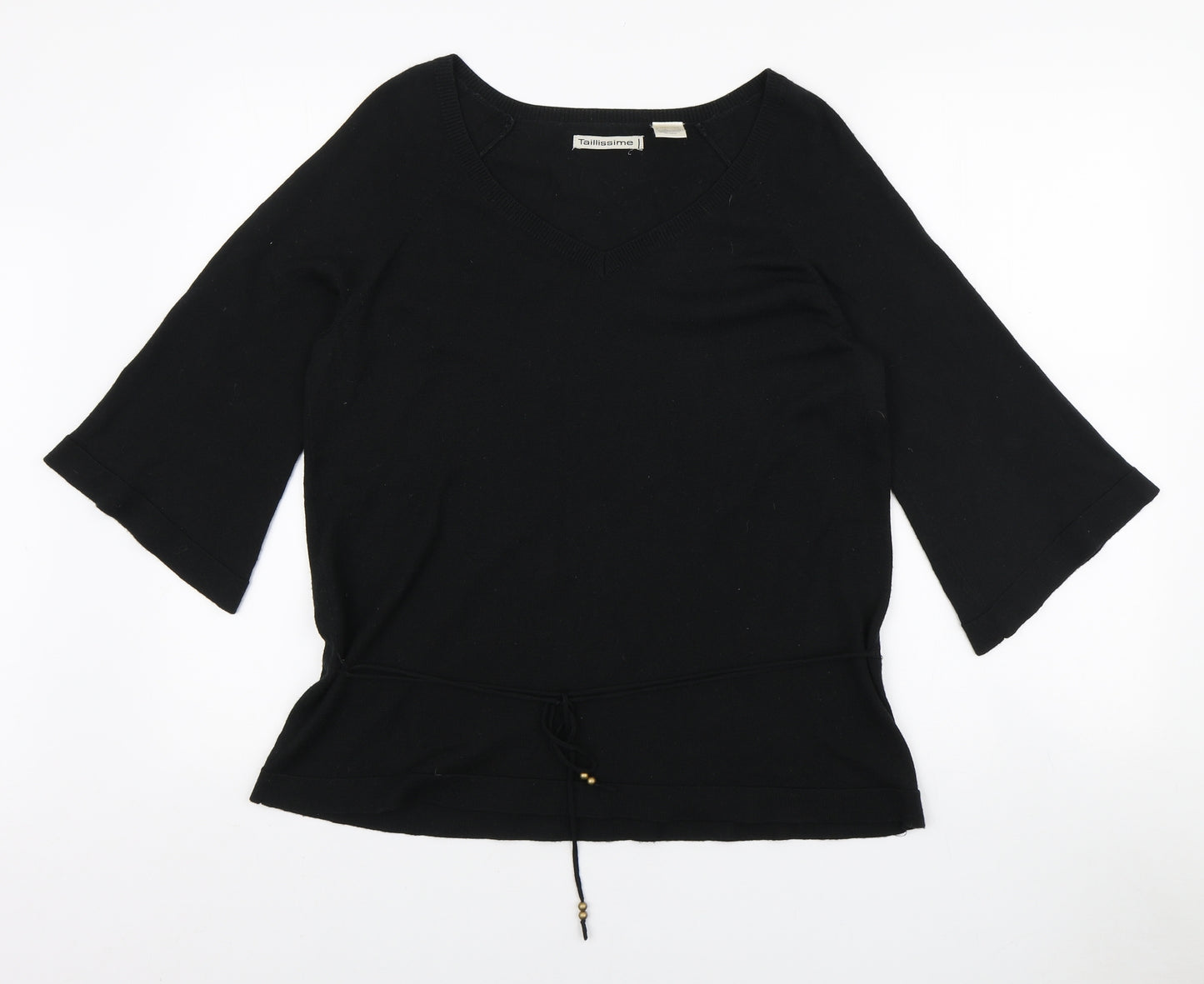 Taillissime Womens Black V-Neck Wool Pullover Jumper Size 12