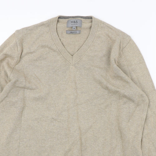 Marks and Spencer Mens Beige V-Neck Cotton Pullover Jumper Size M