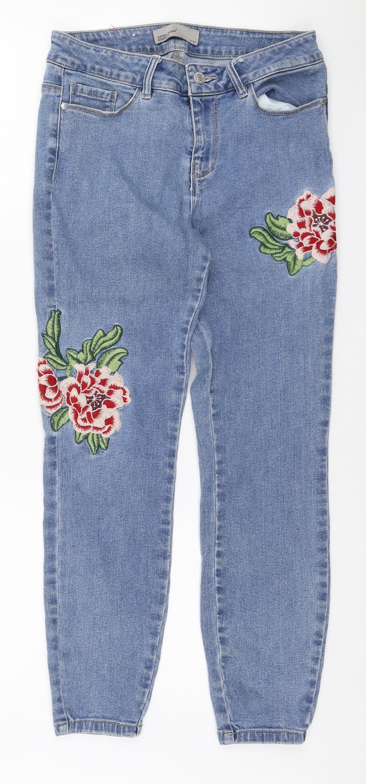 VERO MODA Womens Blue Cotton Tapered Jeans Size 27 in L30 in Regular Zip - Embroidered Flowers