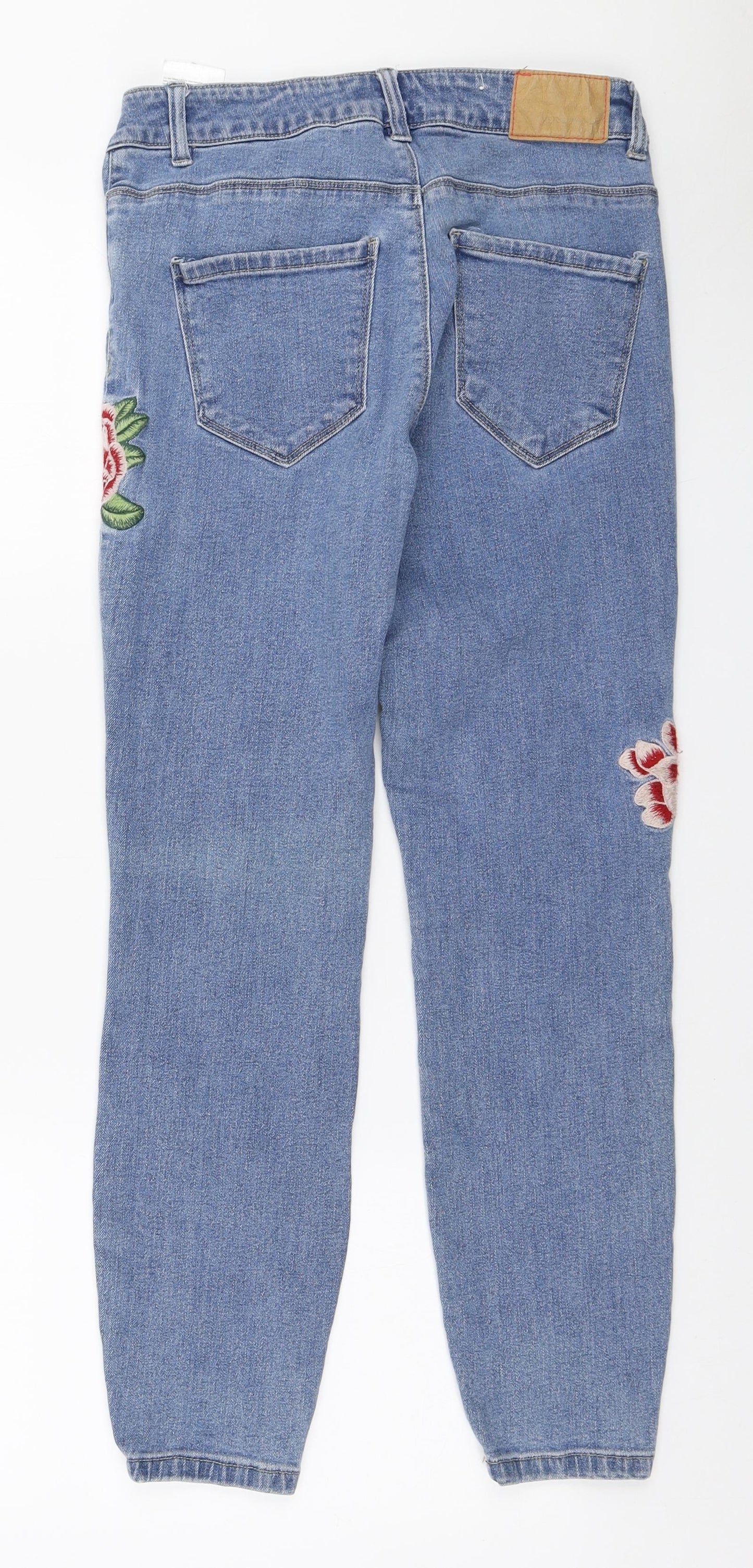 VERO MODA Womens Blue Cotton Tapered Jeans Size 27 in L30 in Regular Zip - Embroidered Flowers