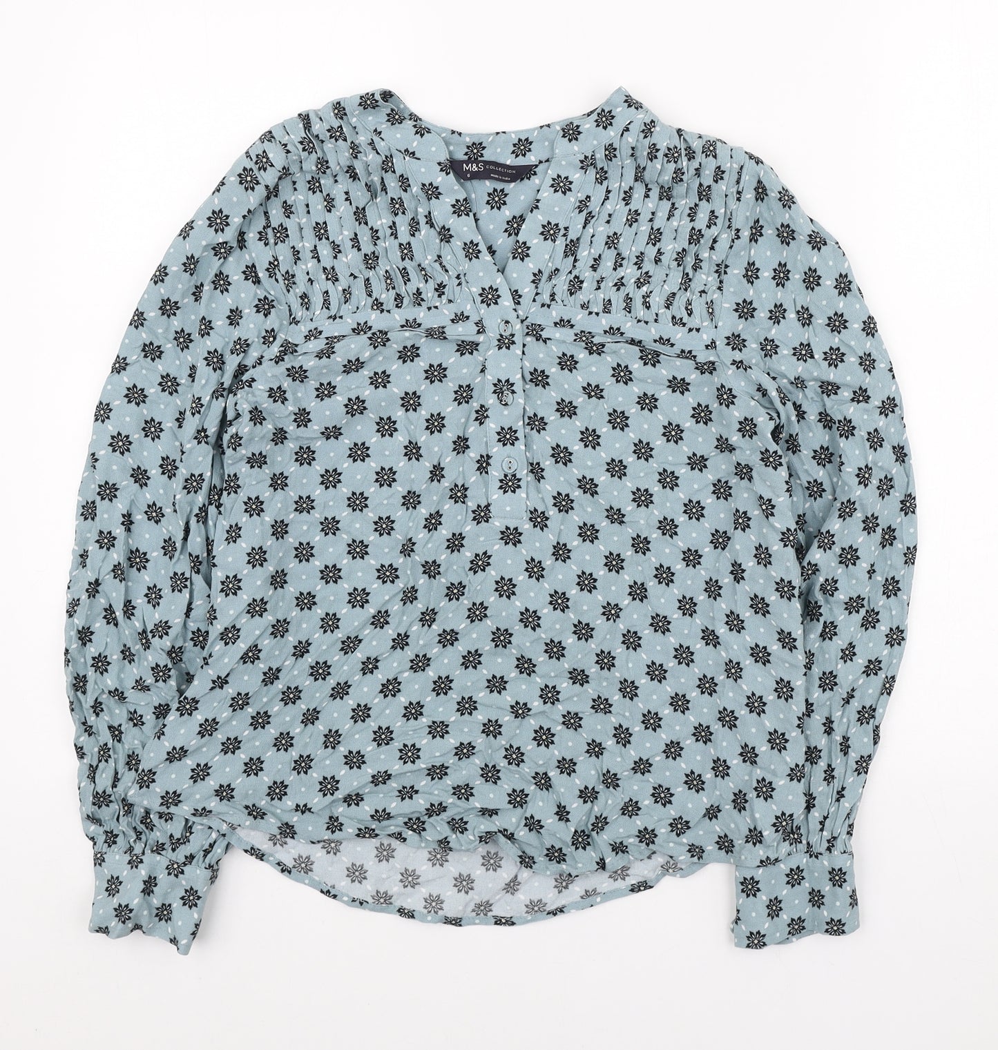 Marks and Spencer Womens Blue Geometric Viscose Basic Blouse Size 6 V-Neck