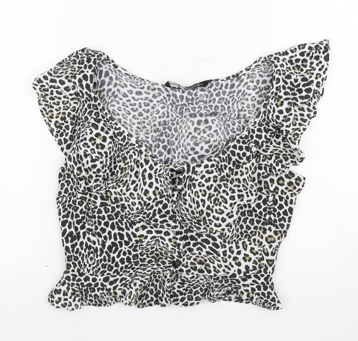 Zara Womens Black Animal Print Polyester Basic Blouse Size S Scoop Neck