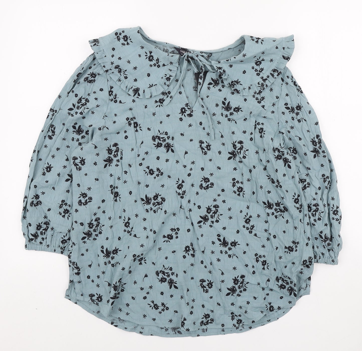 Marks and Spencer Womens Blue Floral Viscose Basic Blouse Size 14 Collared