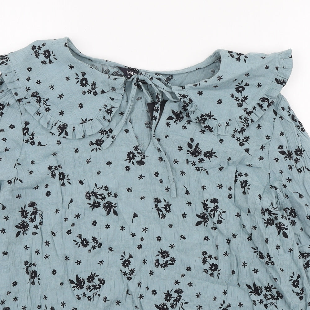Marks and Spencer Womens Blue Floral Viscose Basic Blouse Size 14 Collared