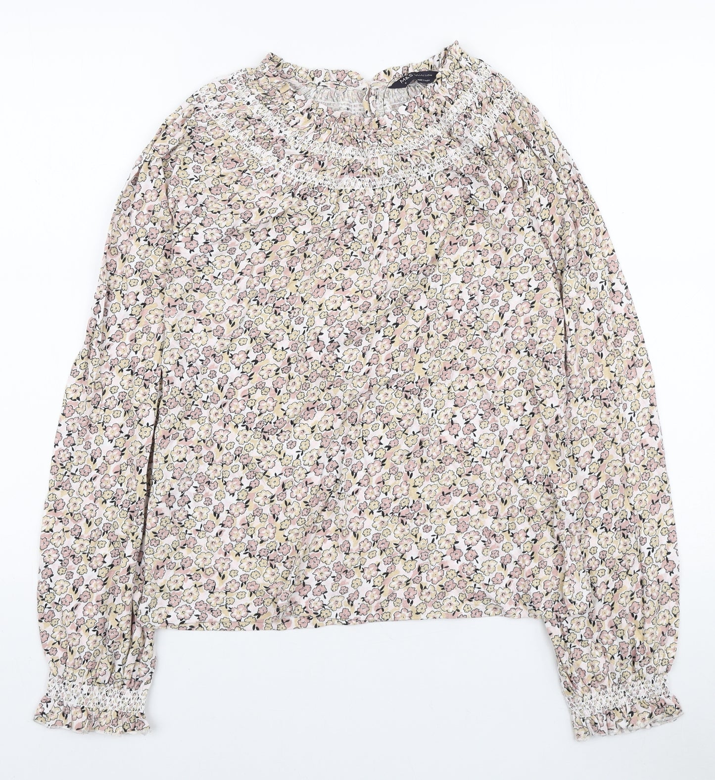 Marks and Spencer Womens Multicoloured Floral Cotton Basic Blouse Size 6 Round Neck
