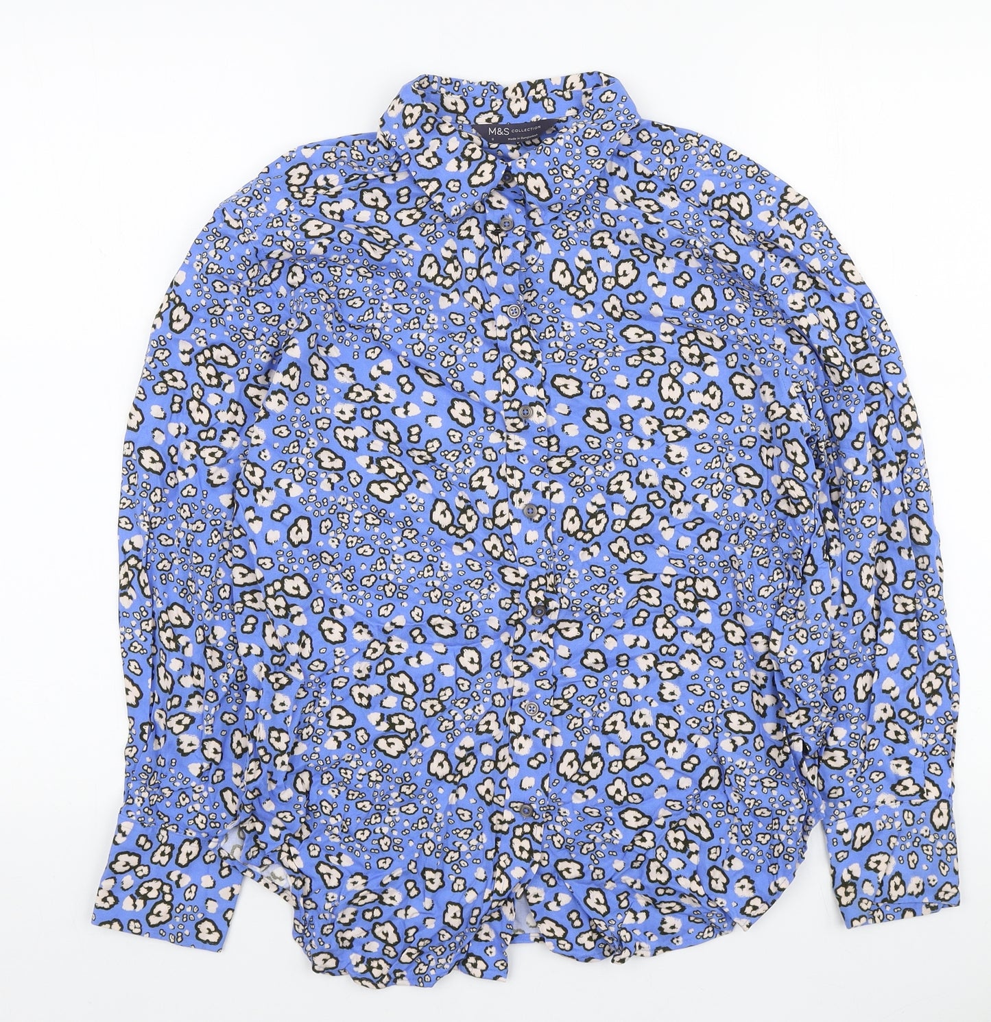 Marks and Spencer Womens Blue Geometric Viscose Basic Button-Up Size 6 Collared