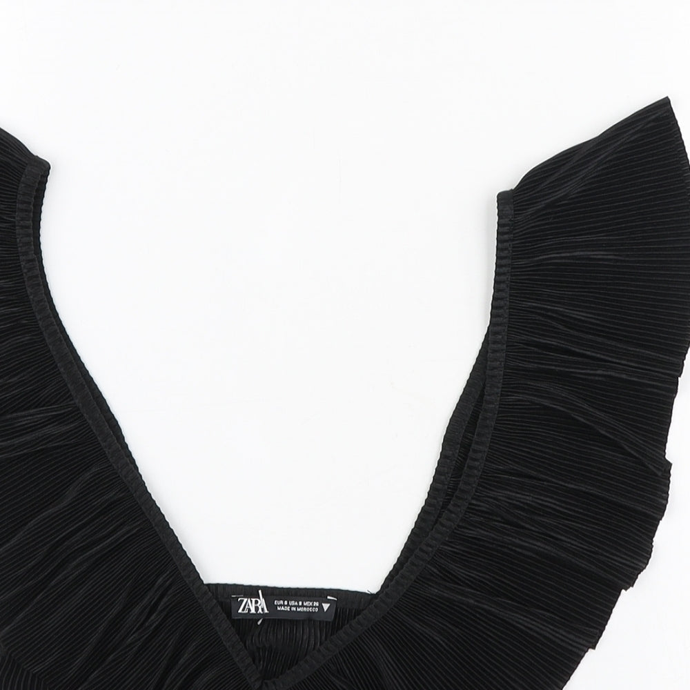 Zara Womens Black Polyester Cropped Blouse Size S V-Neck - Ruched front