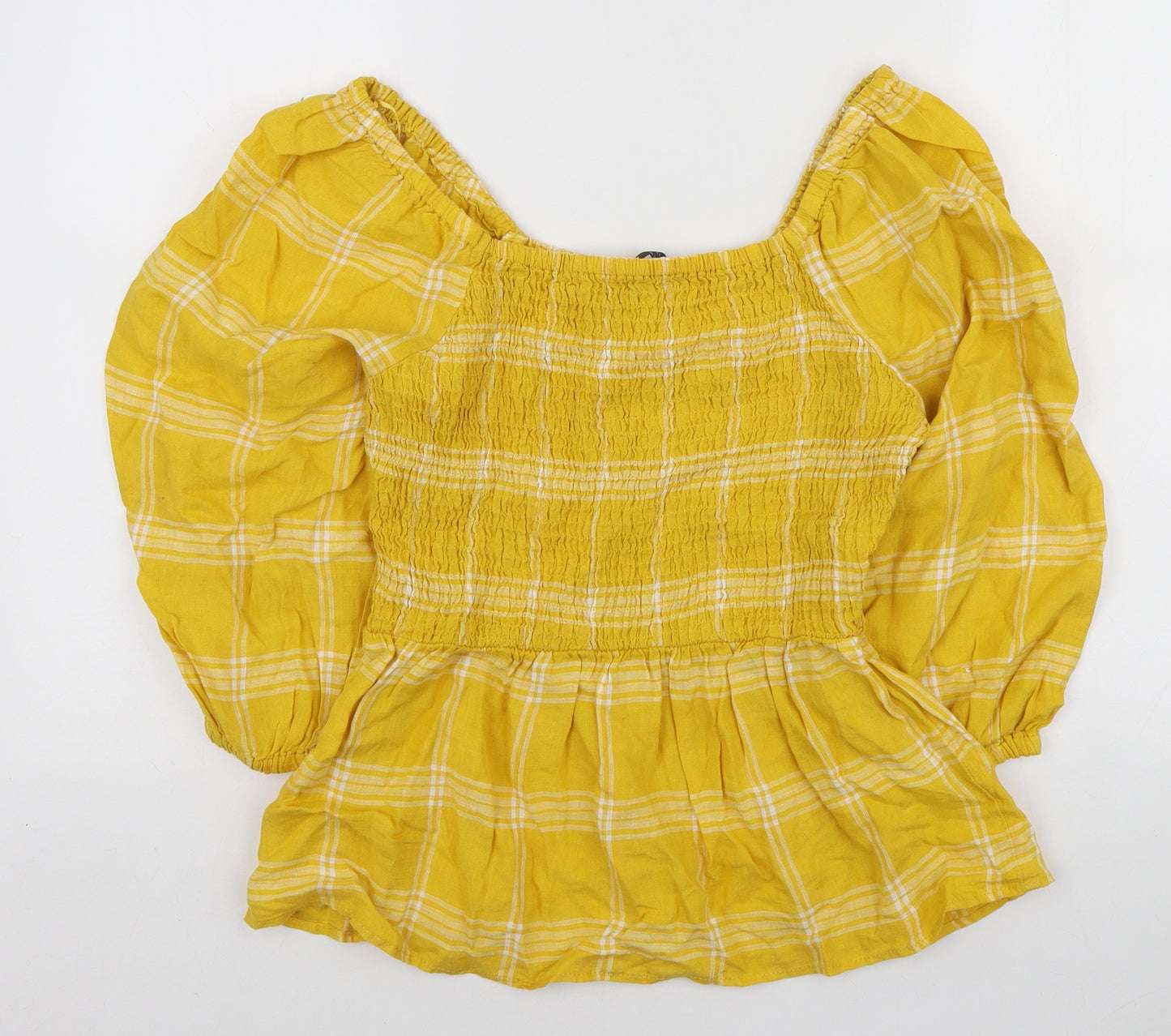 Marks and Spencer Womens Yellow Plaid Linen Basic Blouse Size 12 Off the Shoulder - Smocked detail