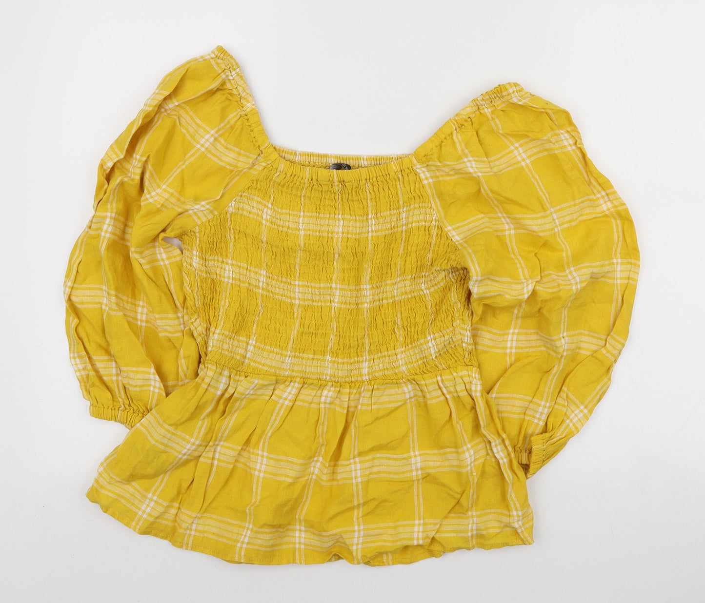 Marks and Spencer Womens Yellow Plaid Linen Basic Blouse Size 12 Off the Shoulder - Smocked detail