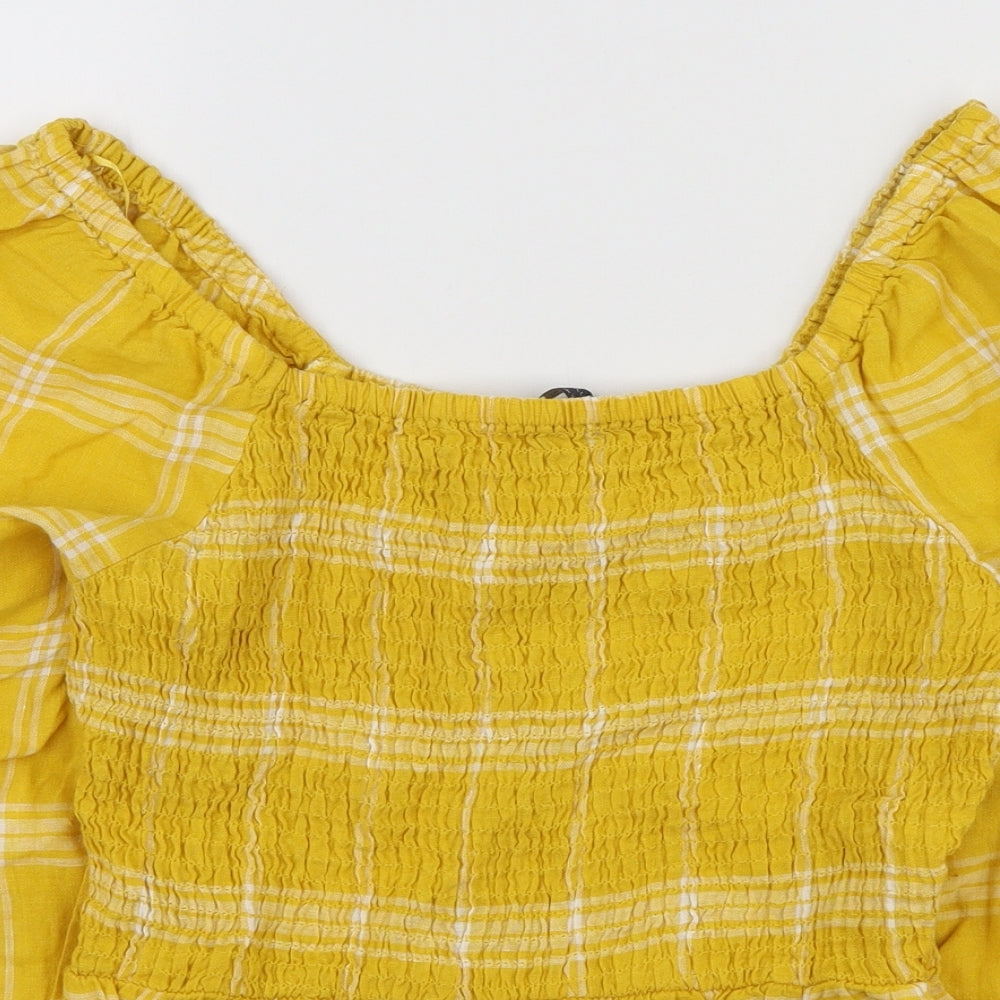 Marks and Spencer Womens Yellow Plaid Linen Basic Blouse Size 12 Off the Shoulder - Smocked detail