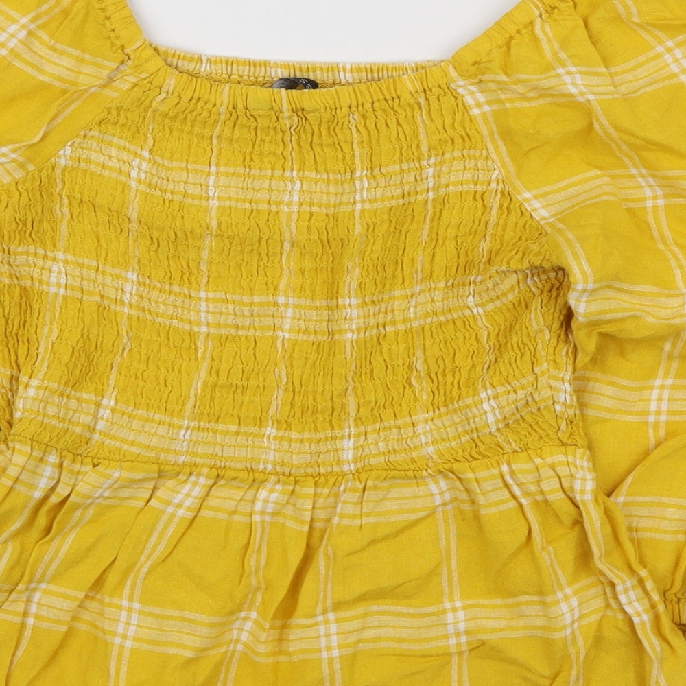 Marks and Spencer Womens Yellow Plaid Linen Basic Blouse Size 12 Off the Shoulder - Smocked detail
