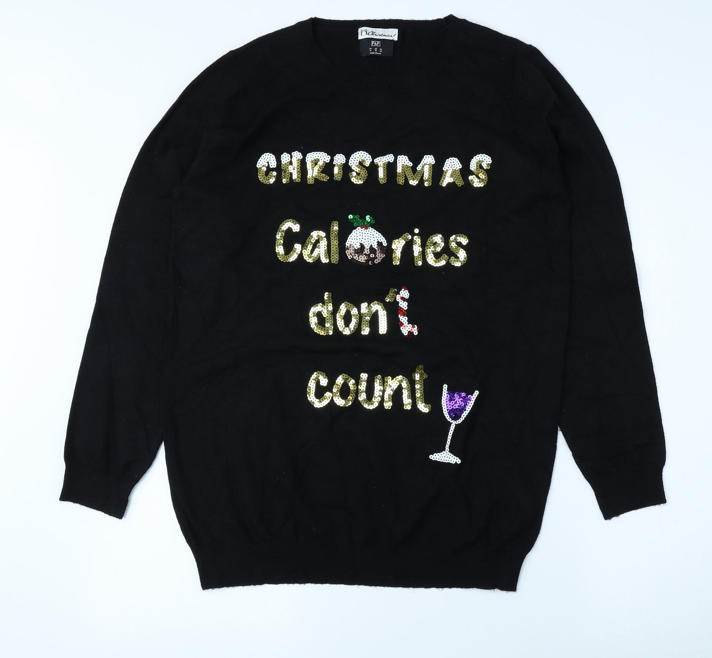 F&F Womens Black Round Neck Viscose Pullover Jumper Size 14 - Christmas Jumper