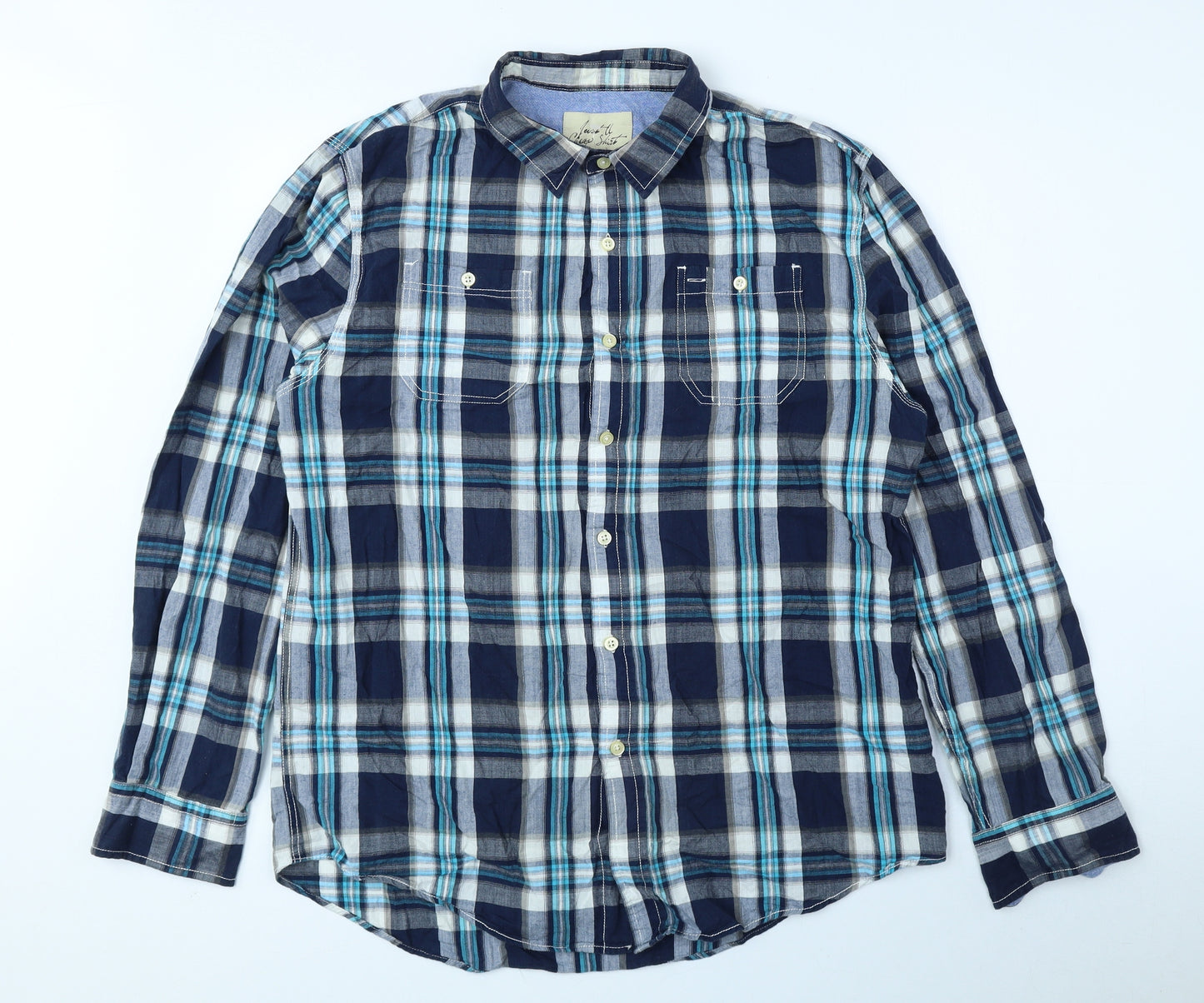 Just A Cheap Shirt Mens Blue Plaid Cotton Button-Up Size L Collared Button