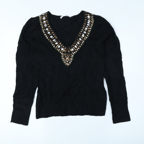 AMARANTO Womens Black V-Neck Acrylic Pullover Jumper Size 12