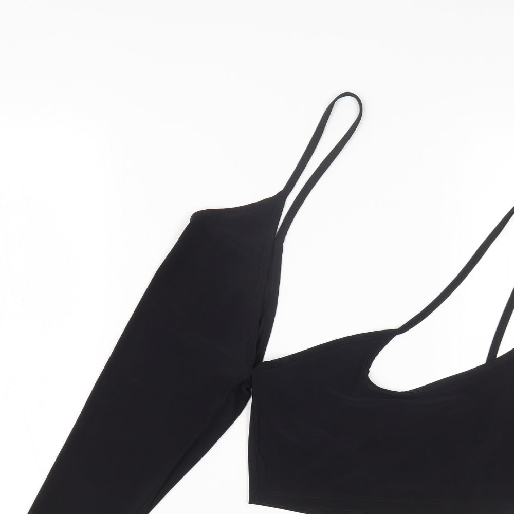 PRETTYLITTLETHING Womens Black Polyester Cropped T-Shirt Size 10 One Shoulder - Cut Out