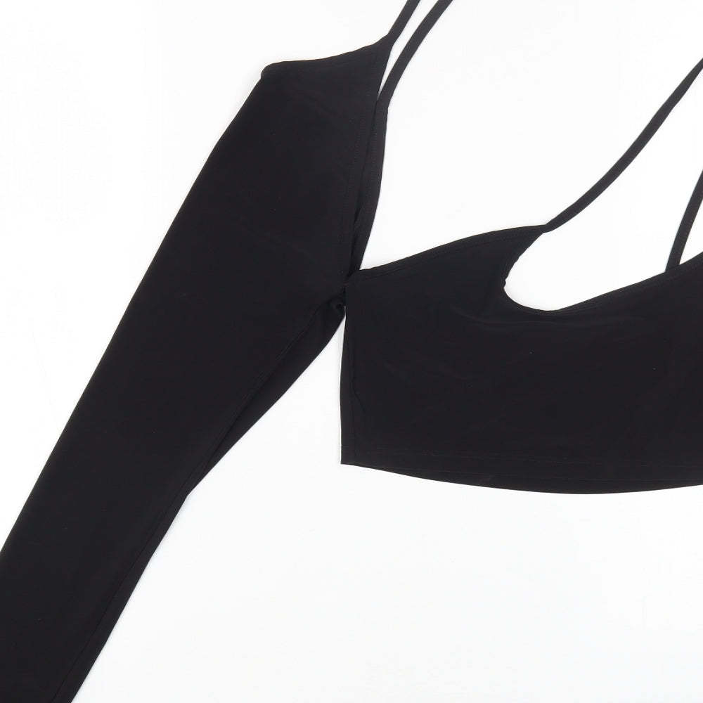 PRETTYLITTLETHING Womens Black Polyester Cropped T-Shirt Size 10 One Shoulder - Cut Out
