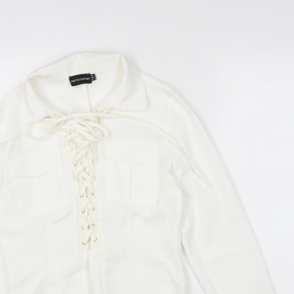 PRETTYLITTLETHING Womens White Polyester Bodysuit One-Piece Size 10 Snap