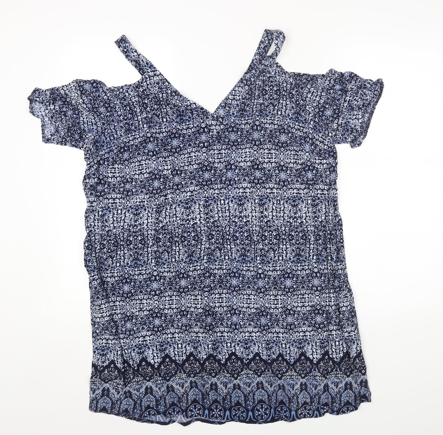 Papaya Womens Blue Geometric Viscose Basic T-Shirt Size 18 V-Neck