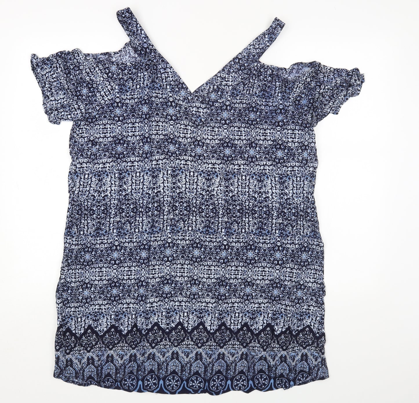 Papaya Womens Blue Geometric Viscose Basic T-Shirt Size 18 V-Neck