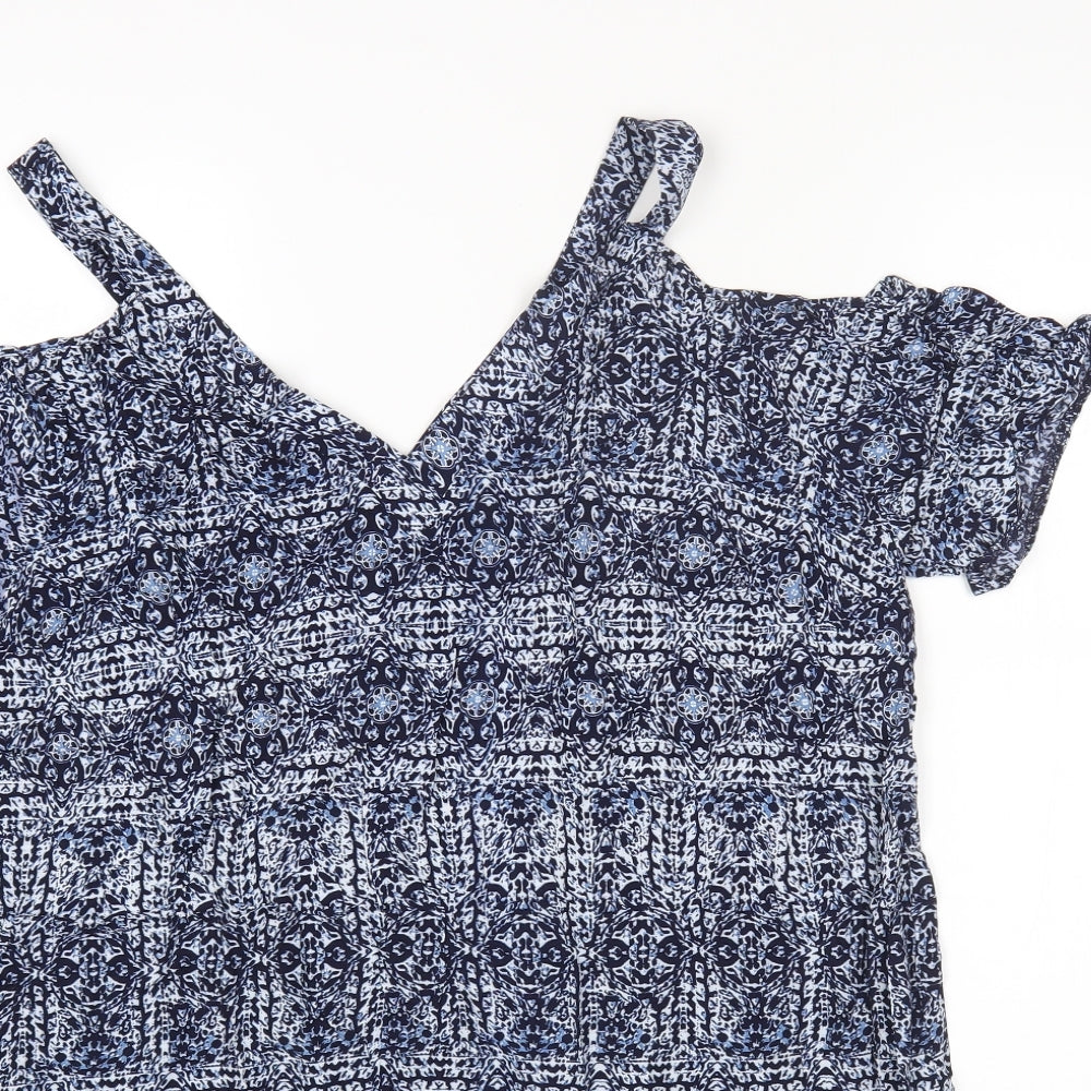 Papaya Womens Blue Geometric Viscose Basic T-Shirt Size 18 V-Neck