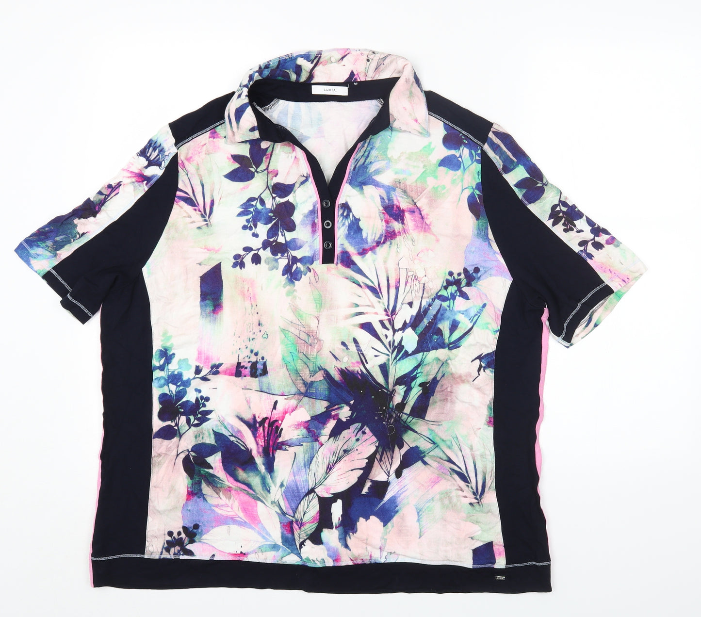 LUCIA Womens Multicoloured Geometric Viscose Basic T-Shirt Size 24 Collared