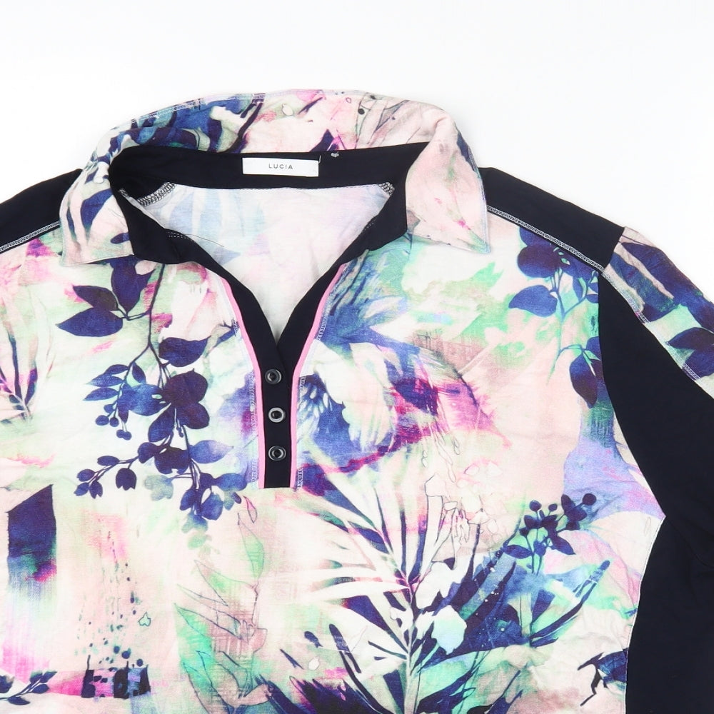 LUCIA Womens Multicoloured Geometric Viscose Basic T-Shirt Size 24 Collared