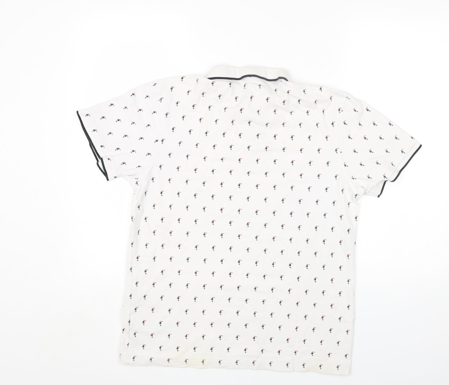 Primark Mens White Geometric Cotton Polo Size L Collared Button