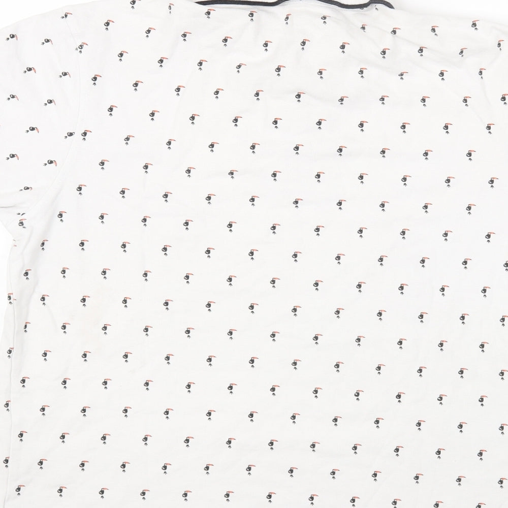 Primark Mens White Geometric Cotton Polo Size L Collared Button