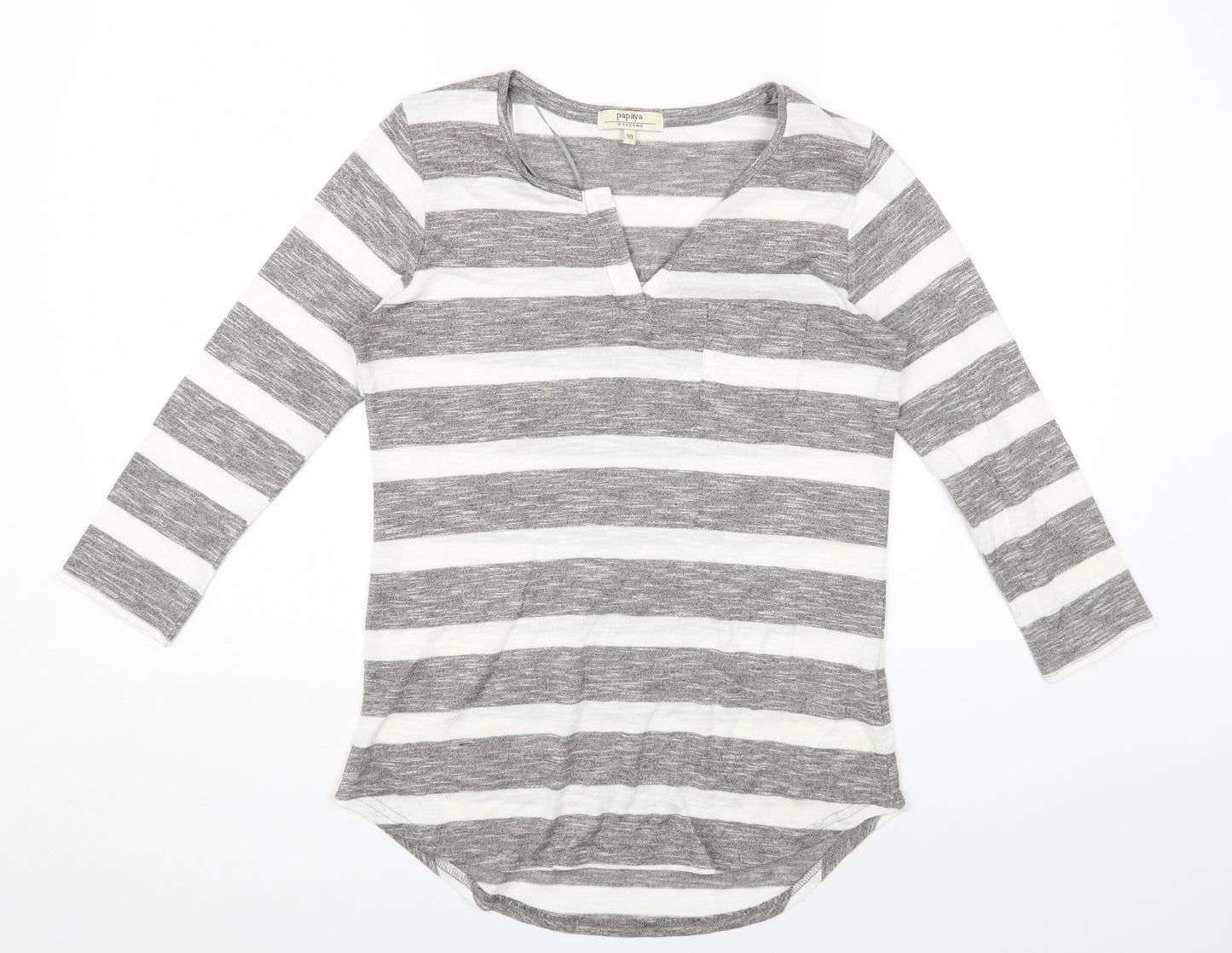 Papaya Womens Grey Striped Viscose Basic T-Shirt Size 10 V-Neck