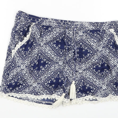 Primark Womens Blue Geometric Vinyl Hot Pants Shorts Size 12 Regular Drawstring