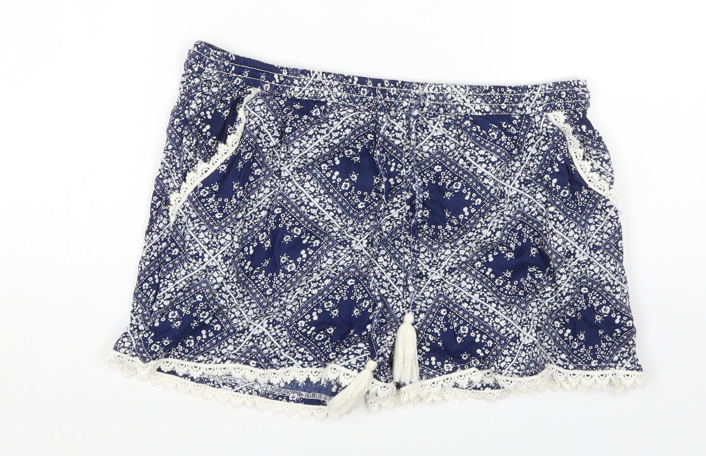 Primark Womens Blue Geometric Vinyl Hot Pants Shorts Size 12 Regular Drawstring