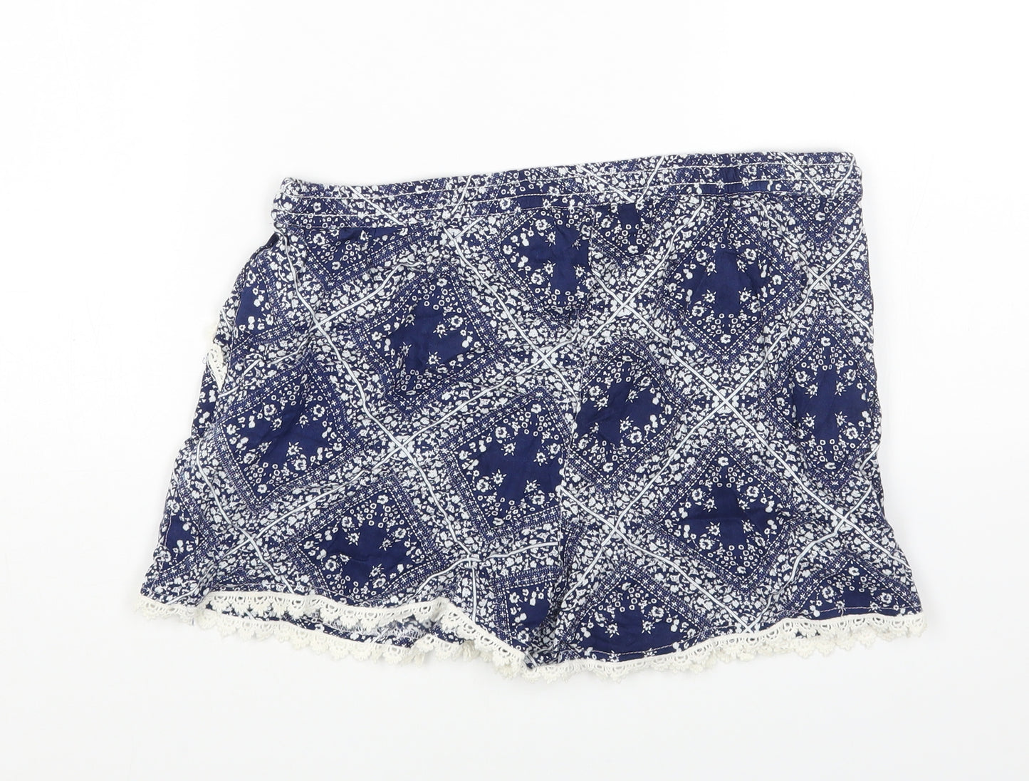 Primark Womens Blue Geometric Vinyl Hot Pants Shorts Size 12 Regular Drawstring