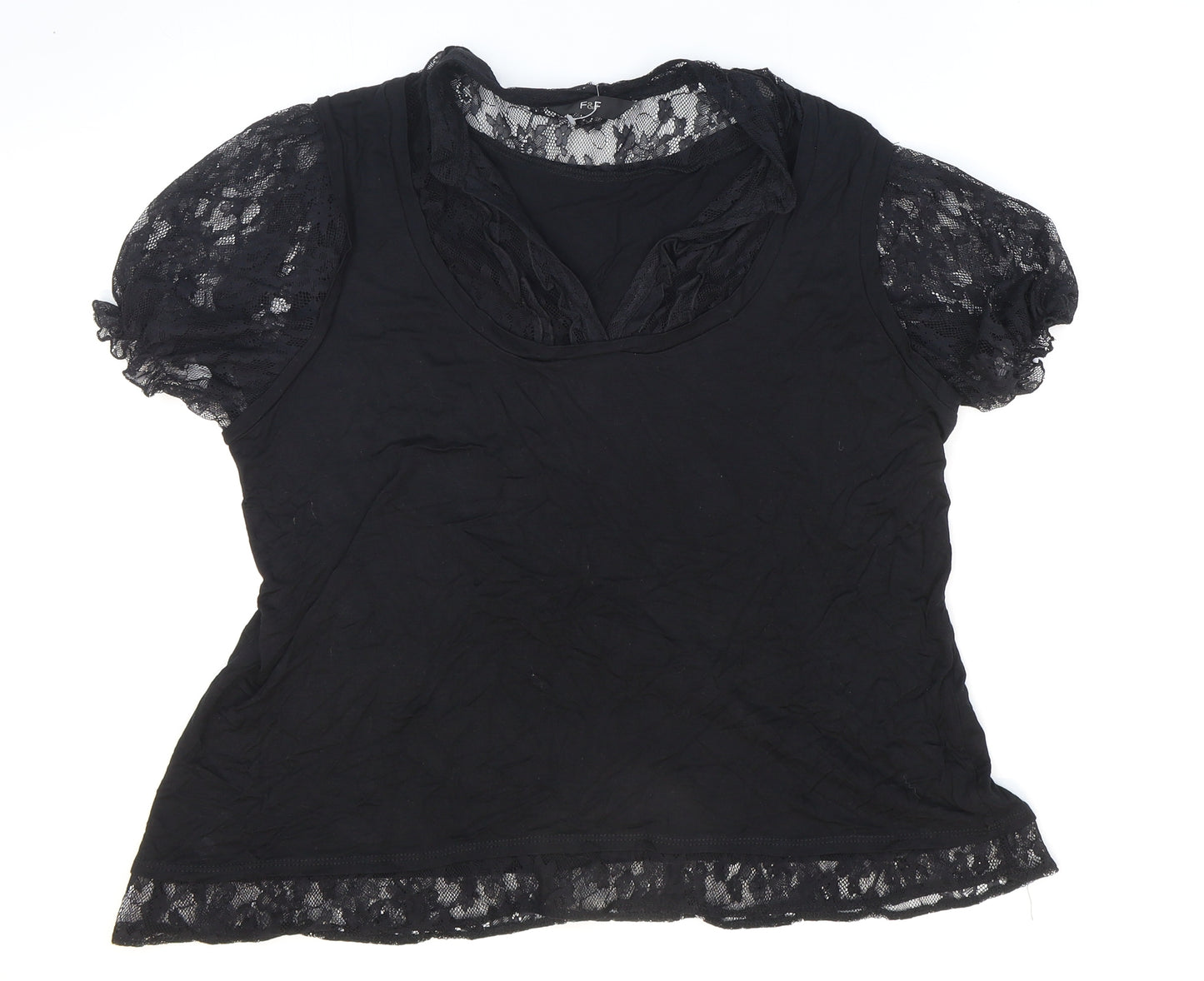 F&F Womens Black Viscose Basic T-Shirt Size 20 V-Neck - Lace Detail