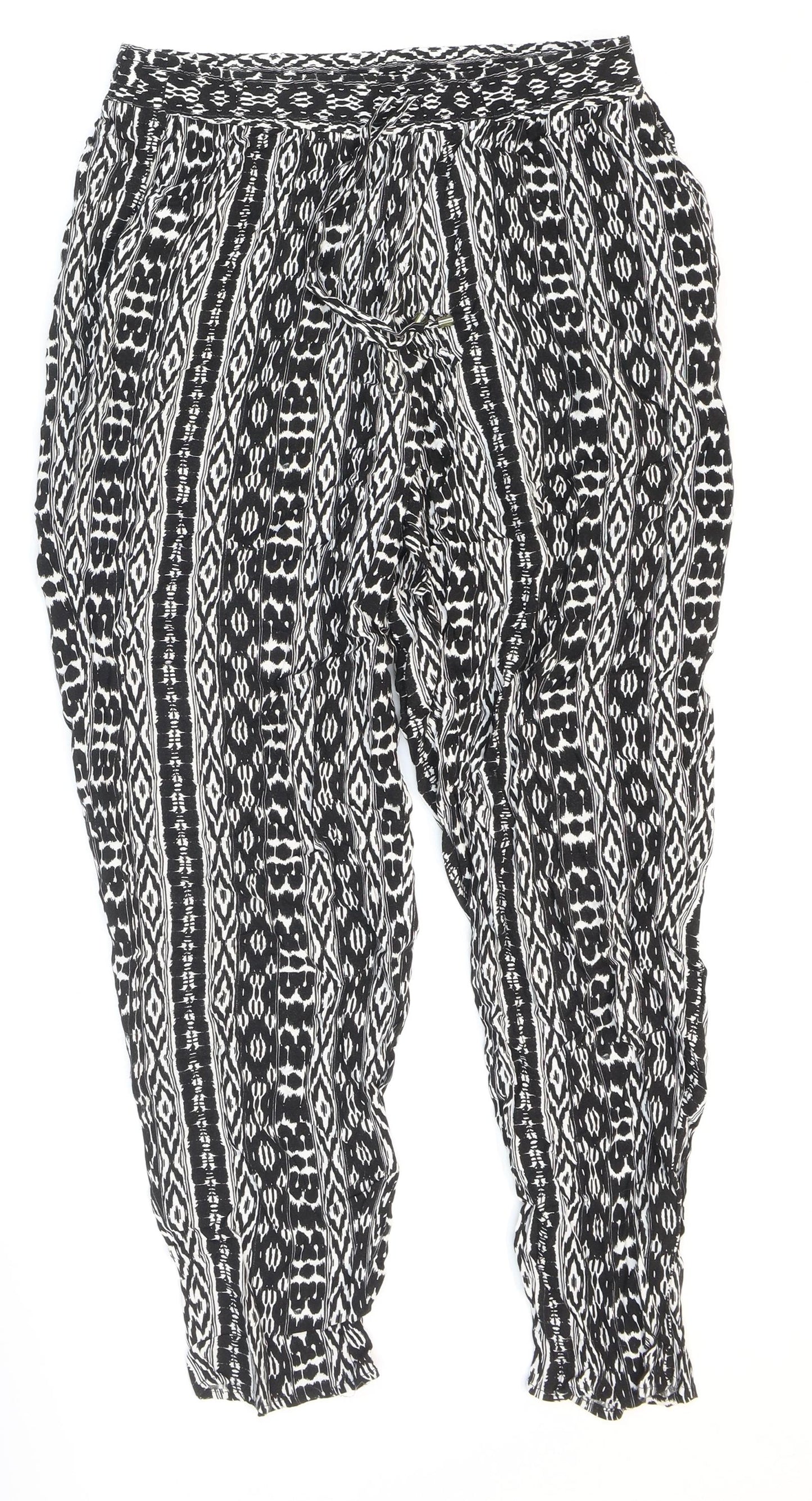 F&F Womens Black Geometric Viscose Trousers Size 12 L26 in Regular - Decorative drawstring